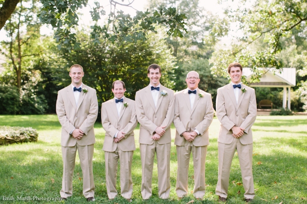 Groomsmen in tan suits and navy bow ties - Fairly Southern